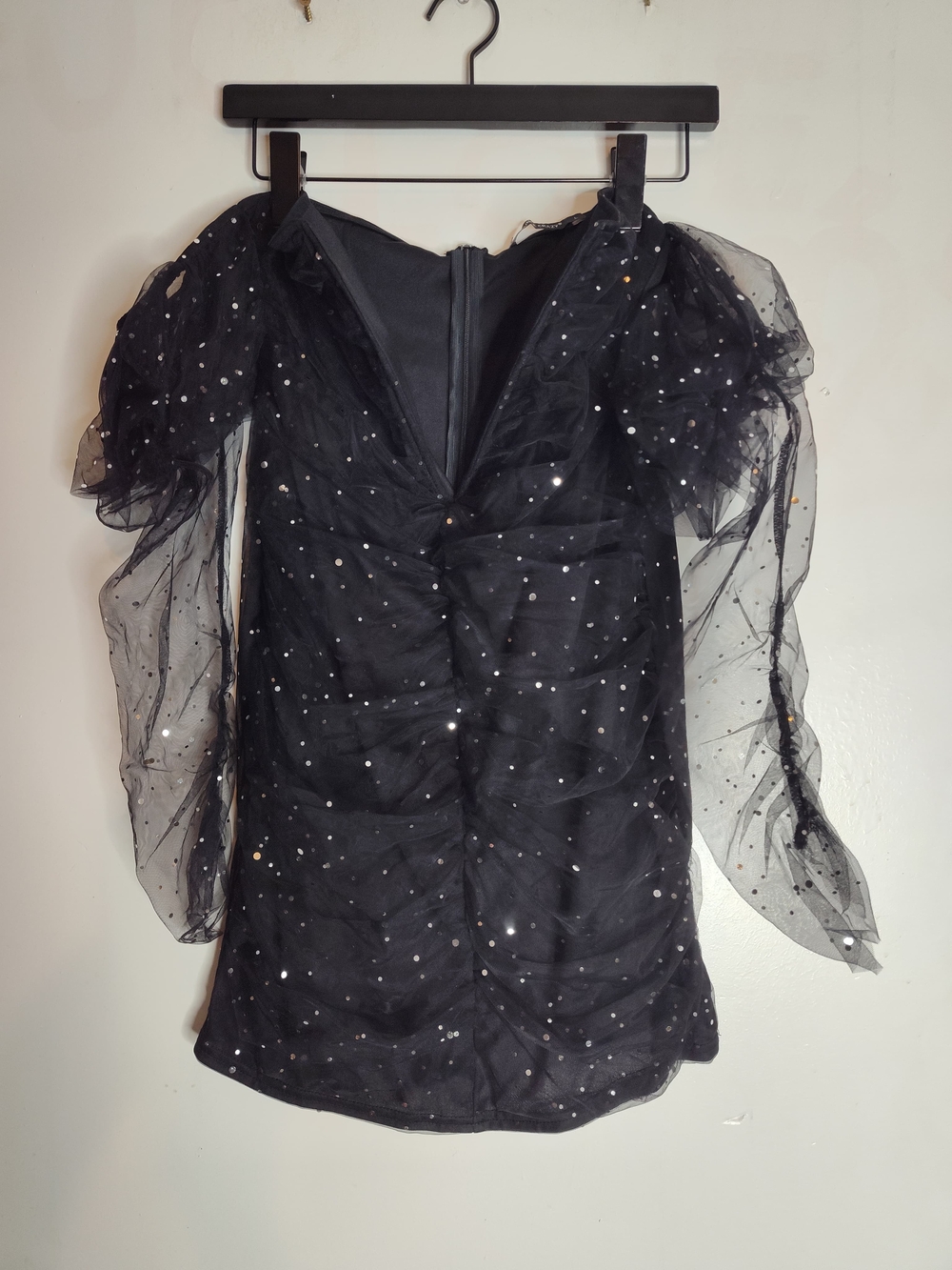 Black Sheer Puff-Sleeve Sequin Blouse